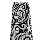 Black And White Polynesian Tattoo Print Cotton Front Slit Maxi Skirt