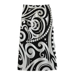 Black And White Polynesian Tattoo Print Cotton Front Slit Maxi Skirt