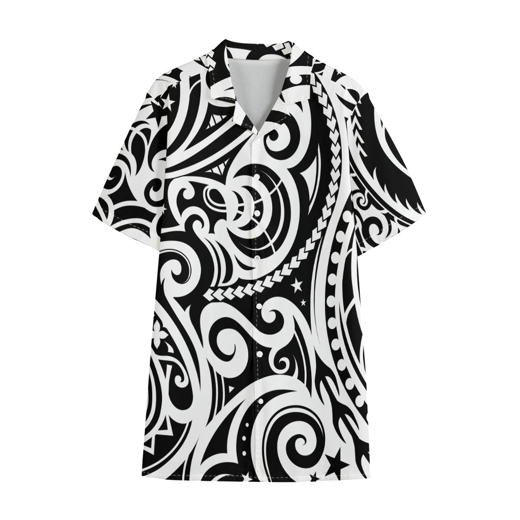 Black And White Polynesian Tattoo Print Cotton Hawaiian Shirt