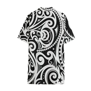 Black And White Polynesian Tattoo Print Cotton Hawaiian Shirt