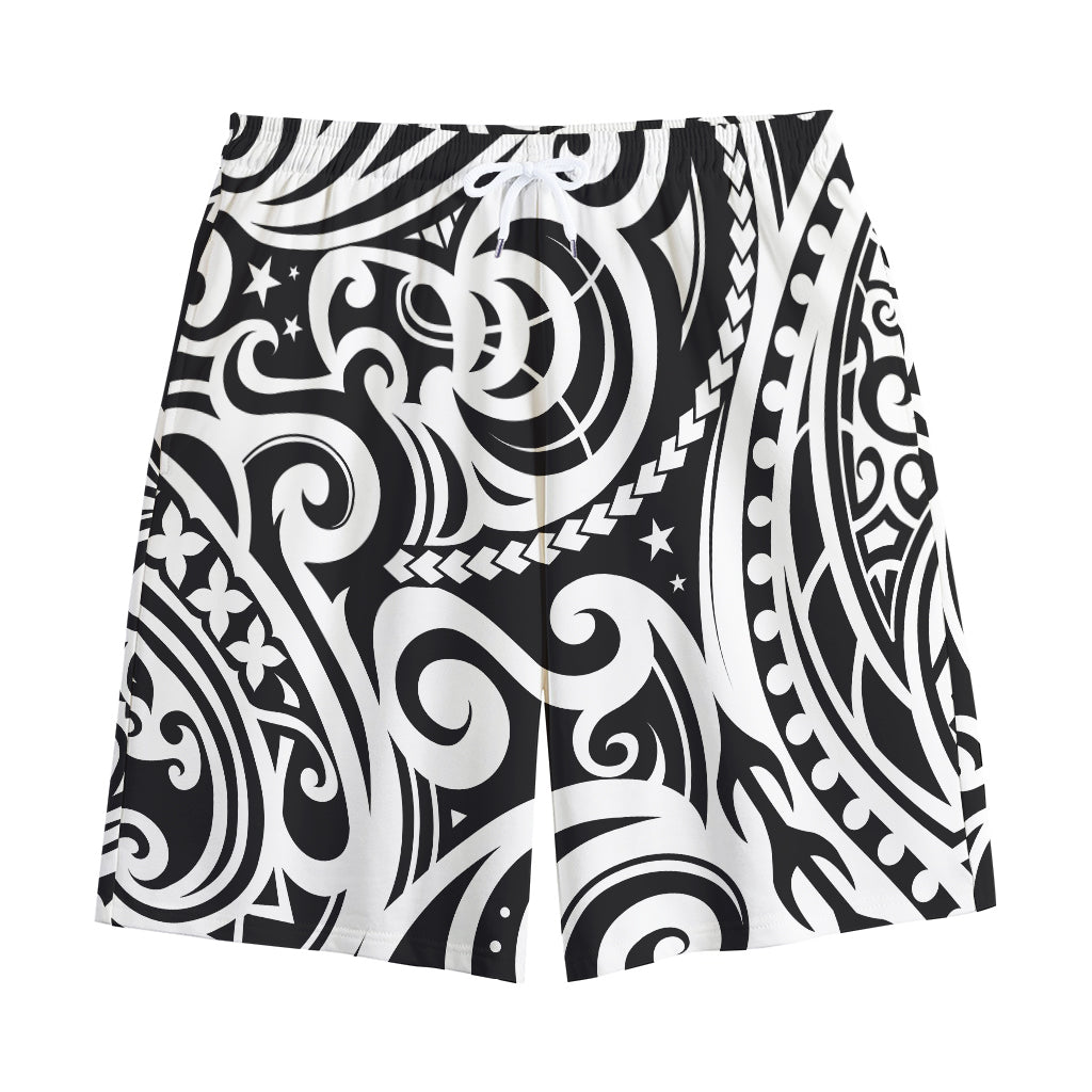 Black And White Polynesian Tattoo Print Cotton Shorts