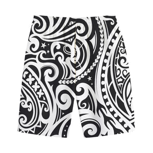 Black And White Polynesian Tattoo Print Cotton Shorts