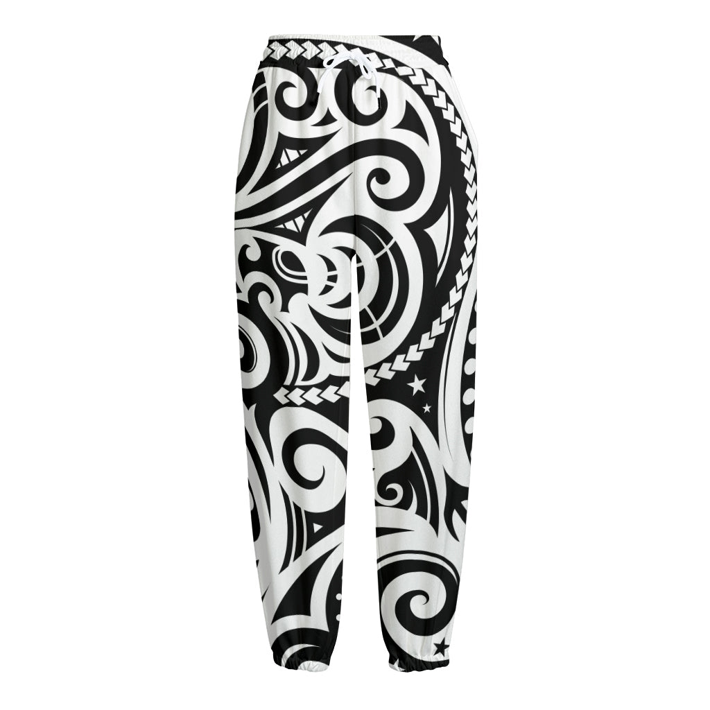 Black And White Polynesian Tattoo Print Fleece Lined Knit Pants