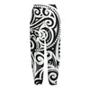 Black And White Polynesian Tattoo Print Fleece Lined Knit Pants