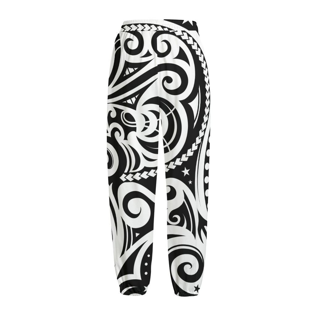 Black And White Polynesian Tattoo Print Fleece Lined Knit Pants