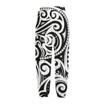 Black And White Polynesian Tattoo Print Fleece Lined Knit Pants