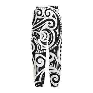 Black And White Polynesian Tattoo Print Fleece Lined Knit Pants