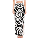 Black And White Polynesian Tattoo Print High Slit Maxi Skirt