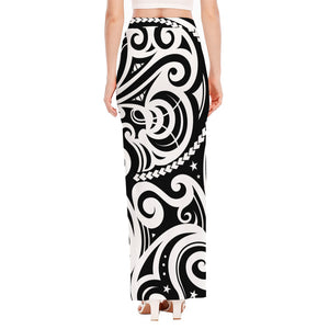 Black And White Polynesian Tattoo Print High Slit Maxi Skirt