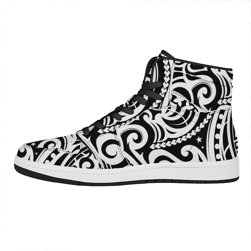 Black And White Polynesian Tattoo Print High Top Leather Sneakers