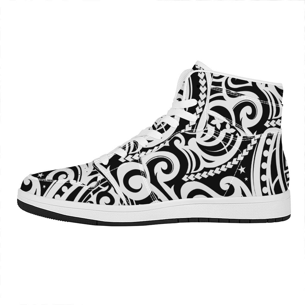 Black And White Polynesian Tattoo Print High Top Leather Sneakers