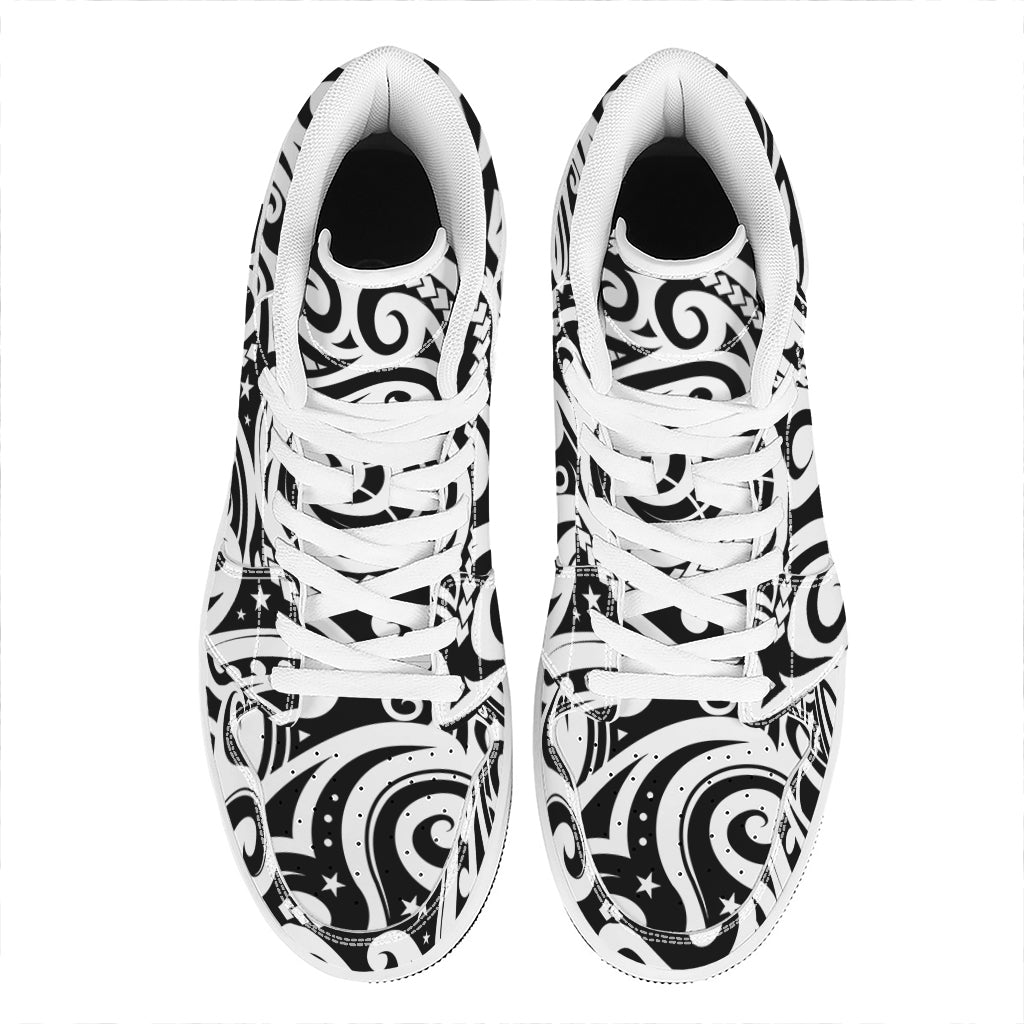 Black And White Polynesian Tattoo Print High Top Leather Sneakers