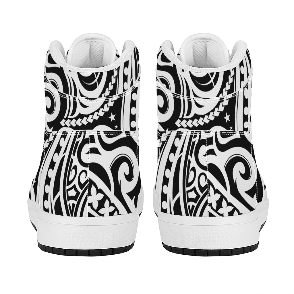 Black And White Polynesian Tattoo Print High Top Leather Sneakers