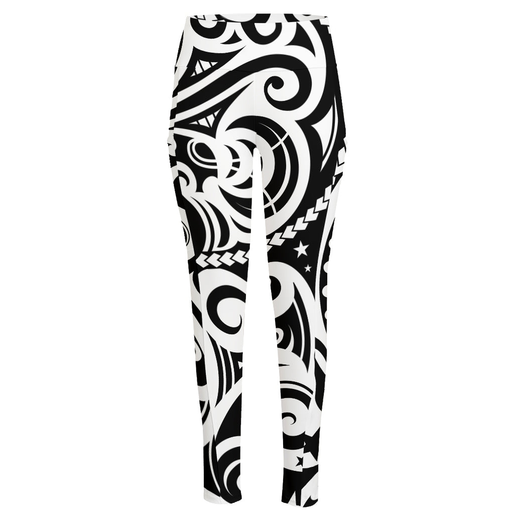 Black And White Polynesian Tattoo Print High-Waisted Pocket Leggings