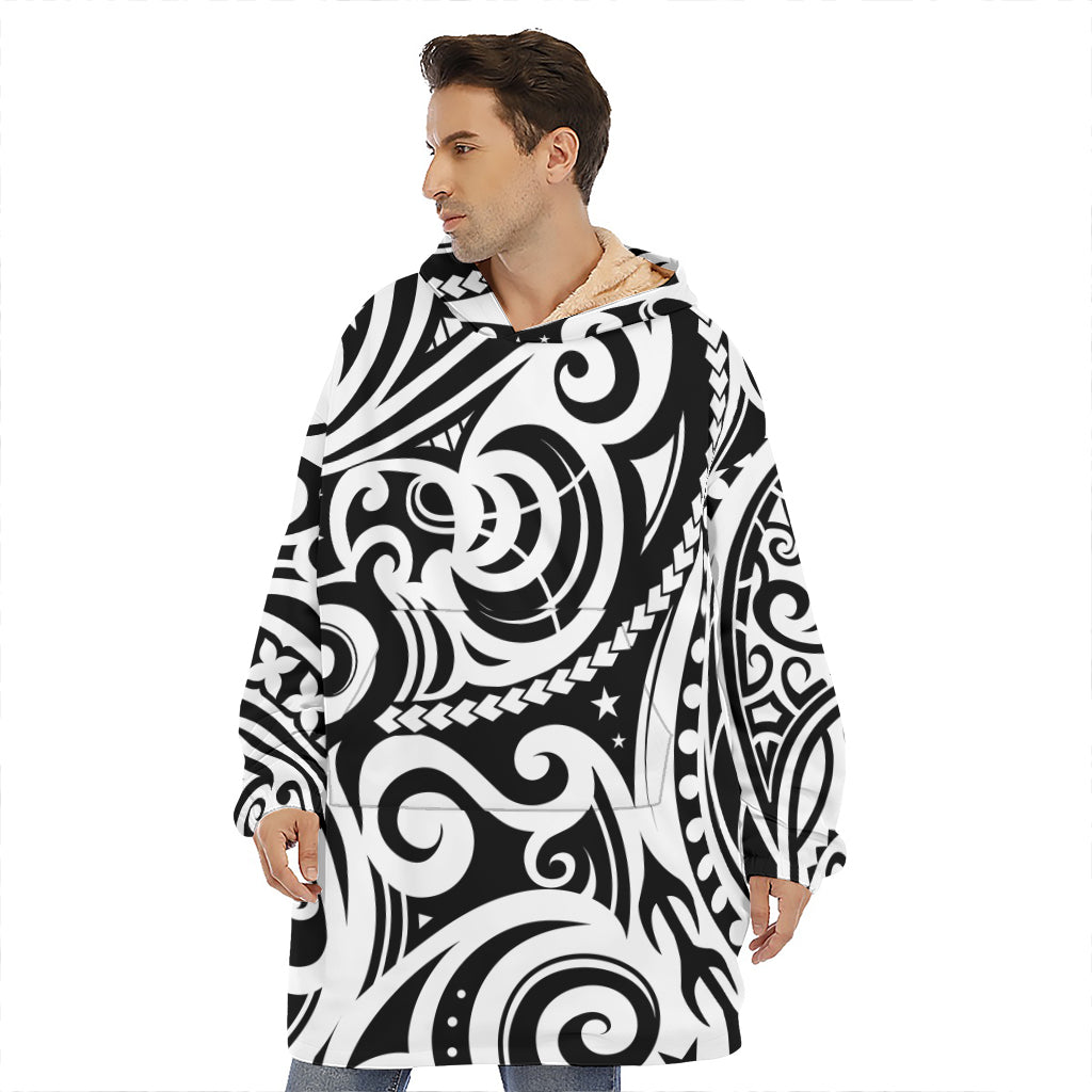 Black And White Polynesian Tattoo Print Hoodie Blanket