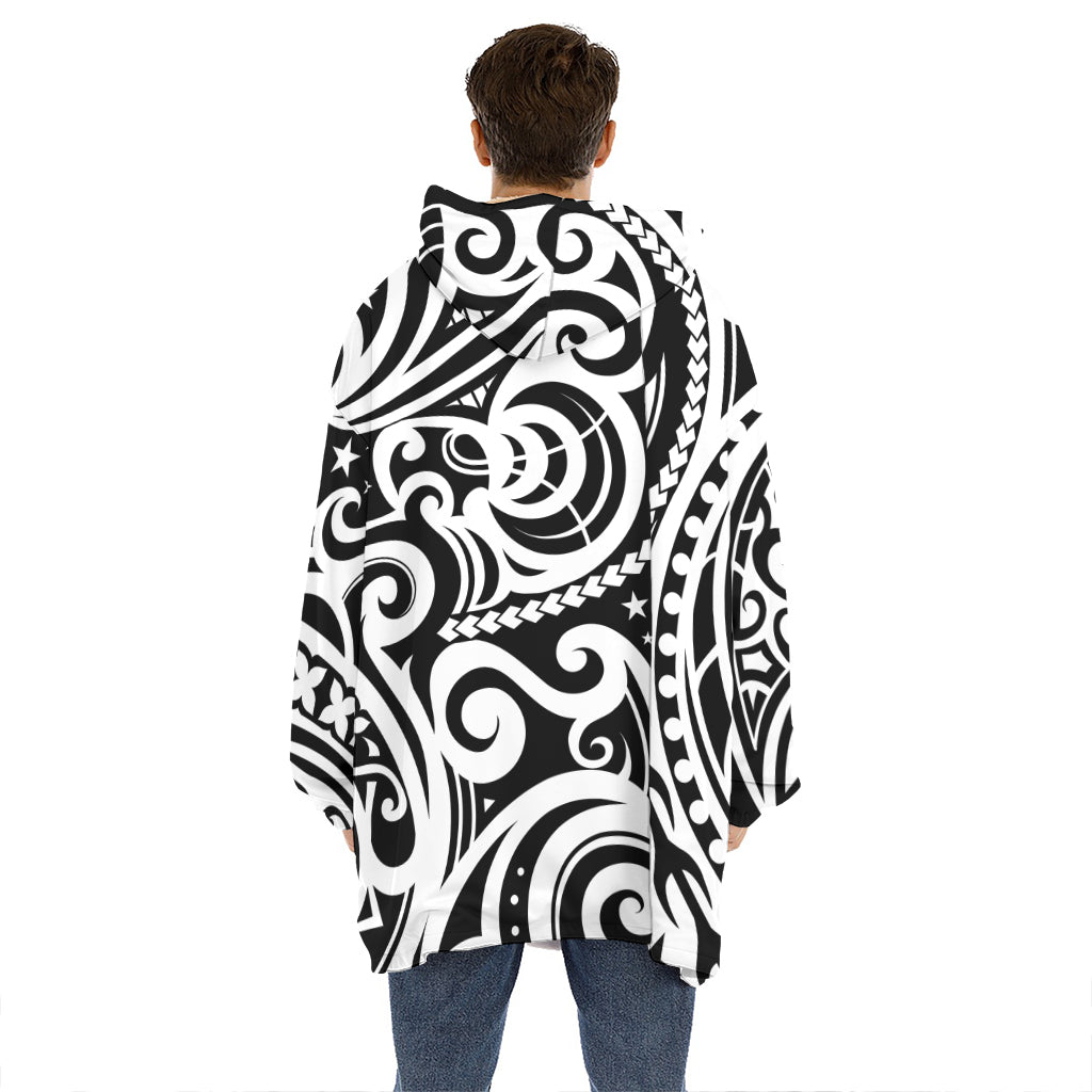 Black And White Polynesian Tattoo Print Hoodie Blanket