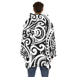 Black And White Polynesian Tattoo Print Hoodie Blanket