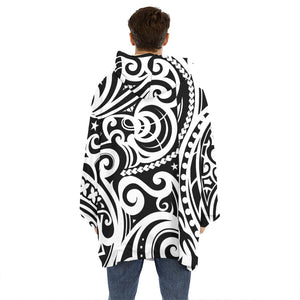 Black And White Polynesian Tattoo Print Hoodie Blanket