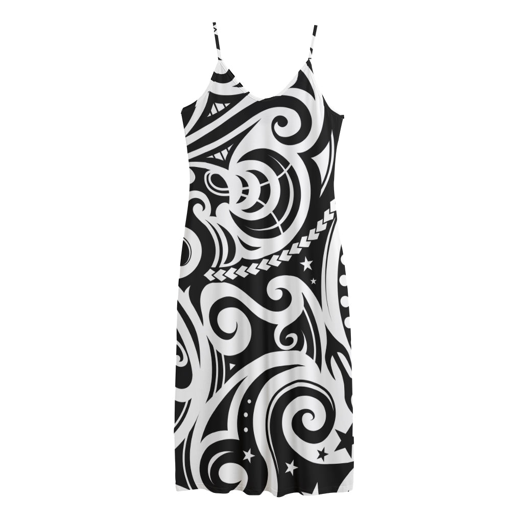 Black And White Polynesian Tattoo Print Jersey Midi Cami Dress