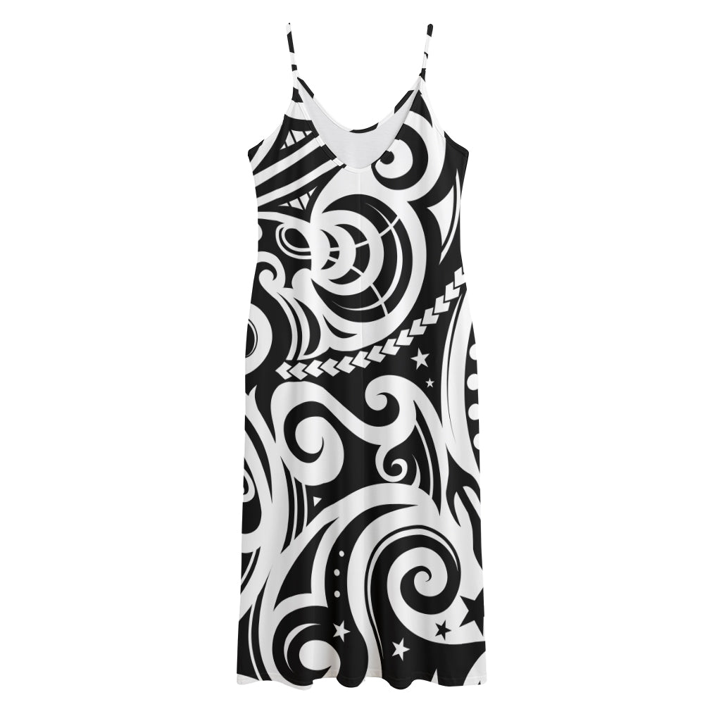 Black And White Polynesian Tattoo Print Jersey Midi Cami Dress