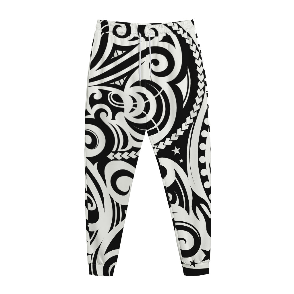 Black And White Polynesian Tattoo Print Jogger Pants