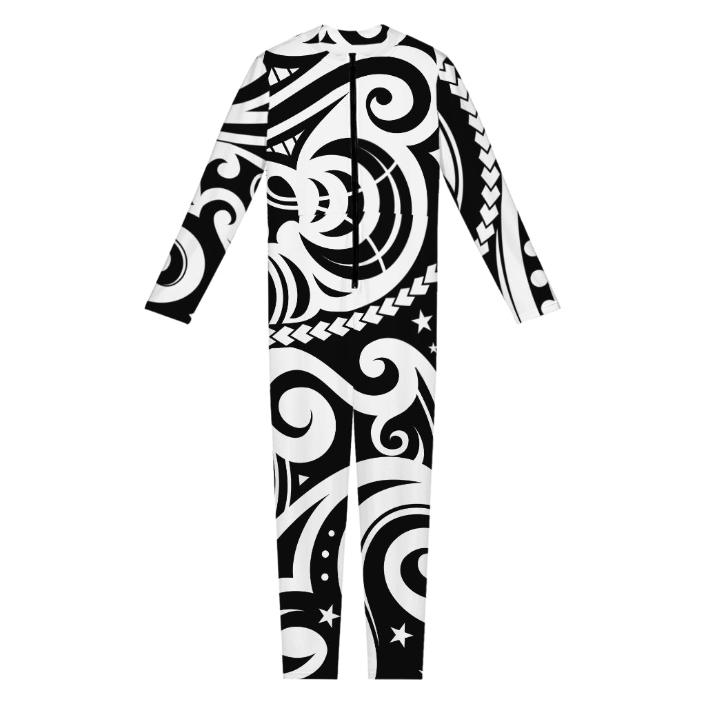 Black And White Polynesian Tattoo Print Jumpsuit