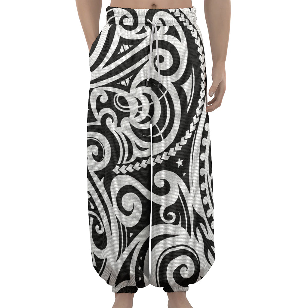 Black And White Polynesian Tattoo Print Lantern Pants