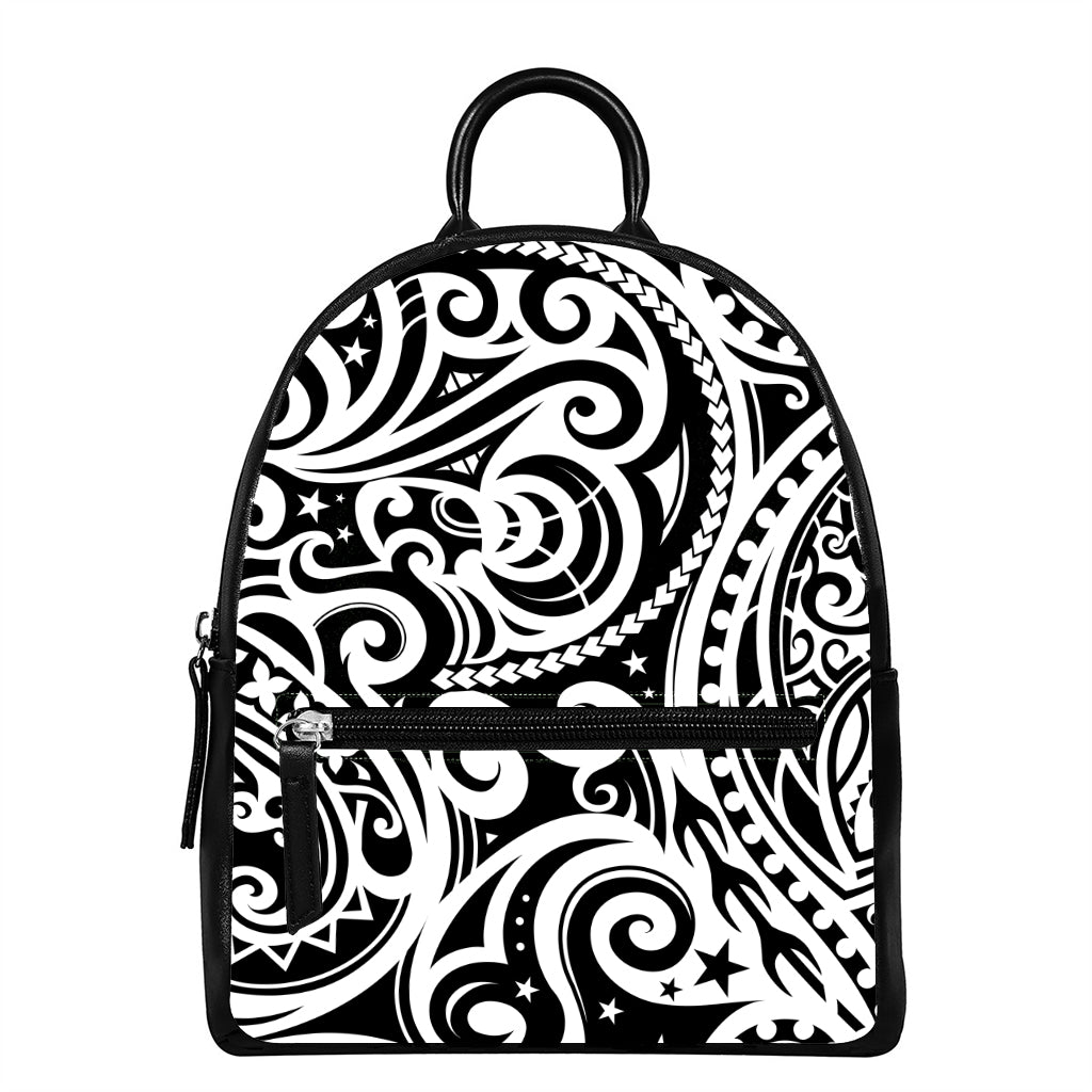 Black And White Polynesian Tattoo Print Leather Backpack