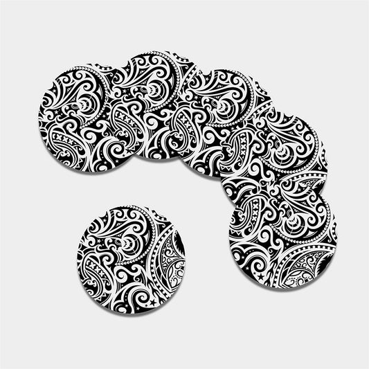 Black And White Polynesian Tattoo Print Leather Coaster Set