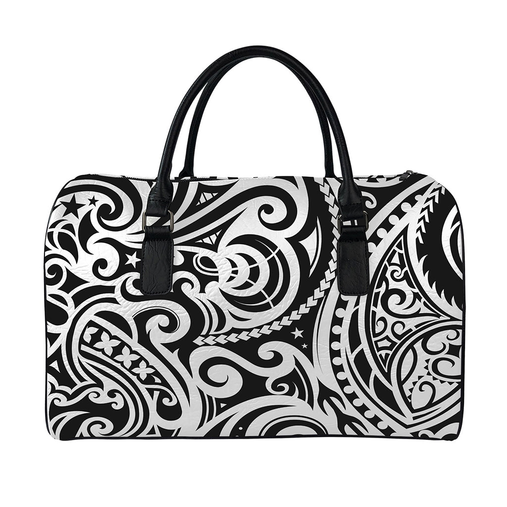 Black And White Polynesian Tattoo Print Leather Duffle Bag