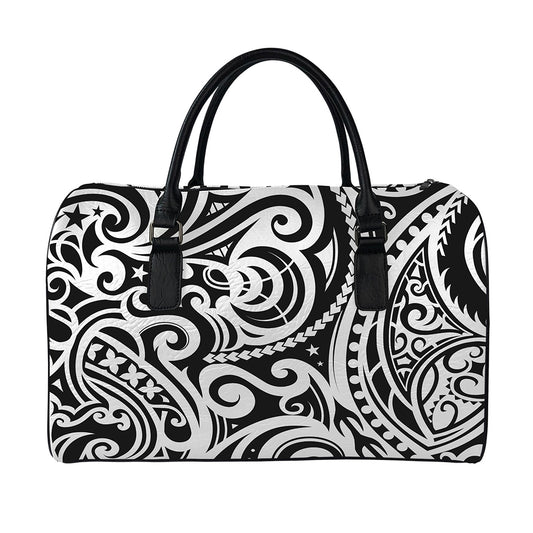 Black And White Polynesian Tattoo Print Leather Duffle Bag