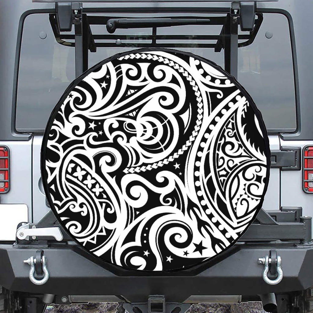 Black And White Polynesian Tattoo Print Leather Spare Tire Cover