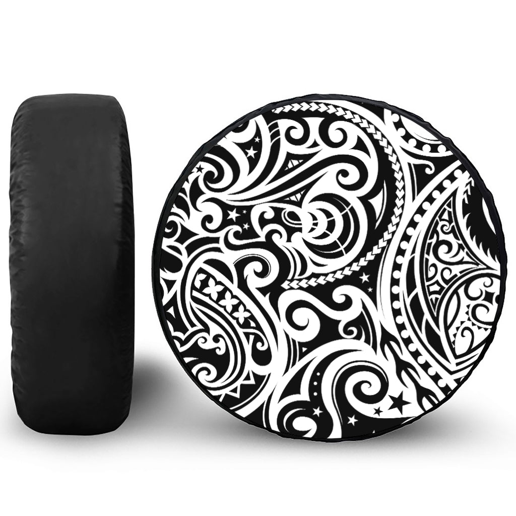 Black And White Polynesian Tattoo Print Leather Spare Tire Cover