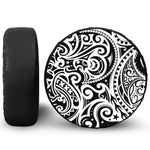 Black And White Polynesian Tattoo Print Leather Spare Tire Cover