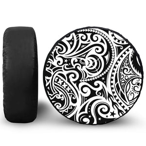 Black And White Polynesian Tattoo Print Leather Spare Tire Cover