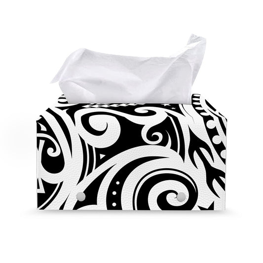 Black And White Polynesian Tattoo Print Leather Tissue Box Cover