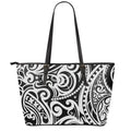 Black And White Polynesian Tattoo Print Leather Tote Bag With Zipper