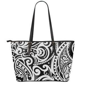 Black And White Polynesian Tattoo Print Leather Tote Bag