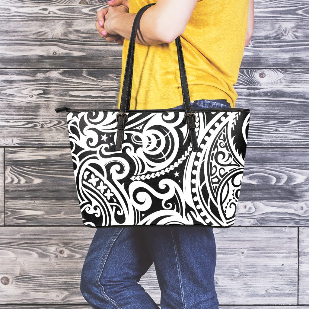 Black And White Polynesian Tattoo Print Leather Tote Bag