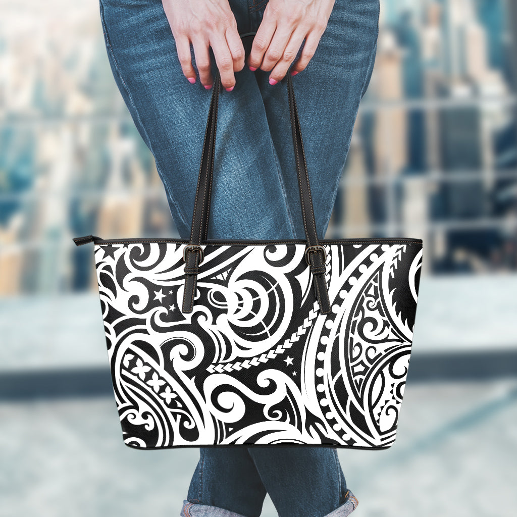 Black And White Polynesian Tattoo Print Leather Tote Bag