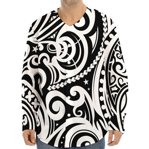 Black And White Polynesian Tattoo Print Long Sleeve Baseball Jersey