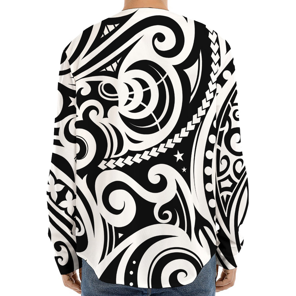 Black And White Polynesian Tattoo Print Long Sleeve Baseball Jersey