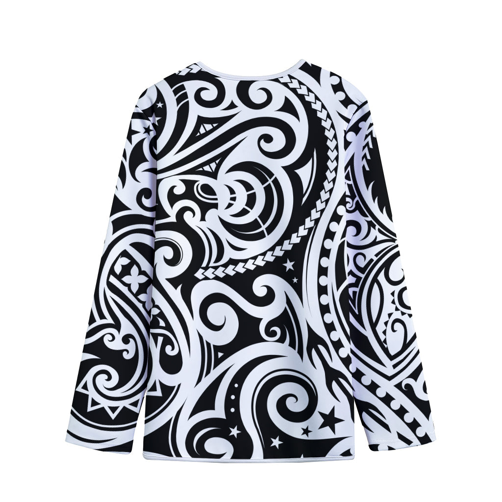 Black And White Polynesian Tattoo Print Long Sleeve Short Coat