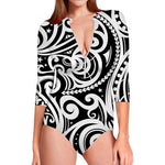 Black And White Polynesian Tattoo Print Long Sleeve Swimsuit