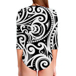 Black And White Polynesian Tattoo Print Long Sleeve Swimsuit