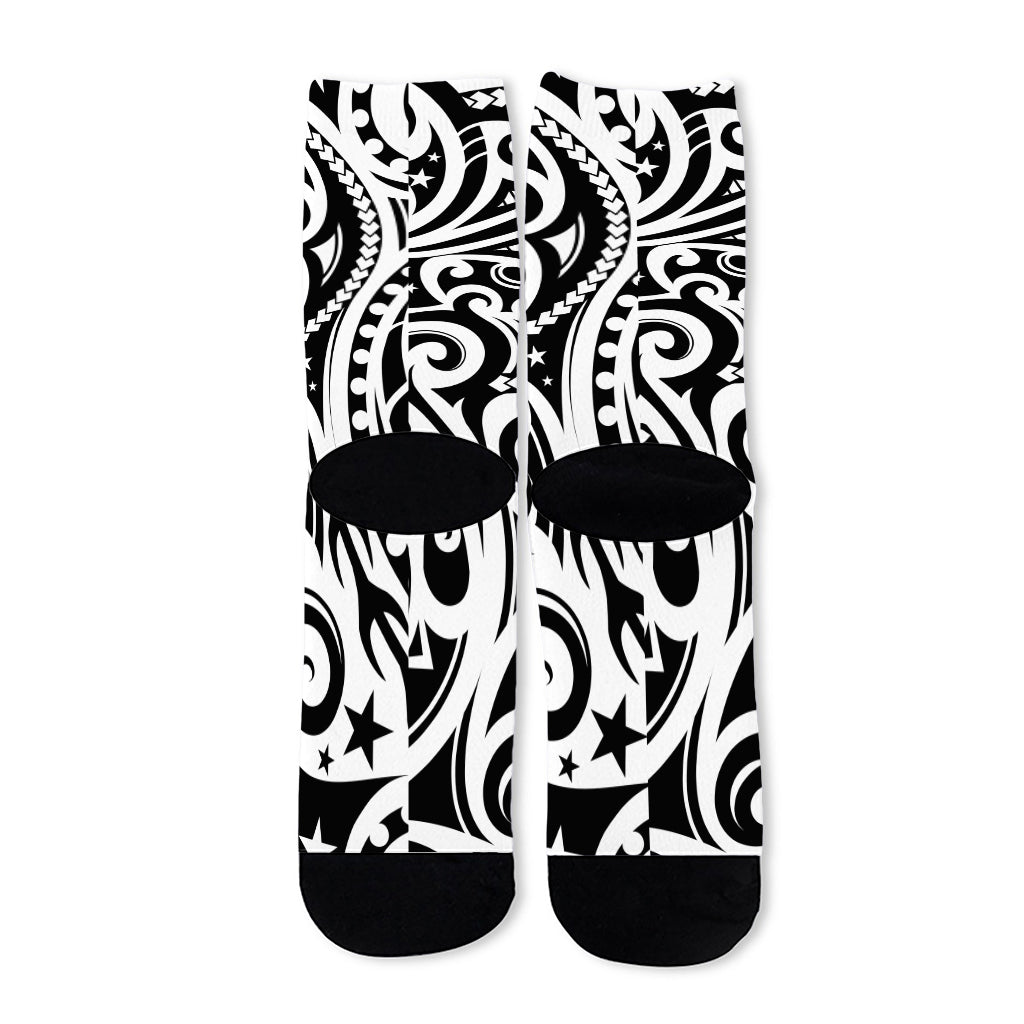 Black And White Polynesian Tattoo Print Long Socks