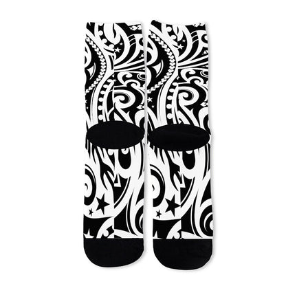 Black And White Polynesian Tattoo Print Long Socks