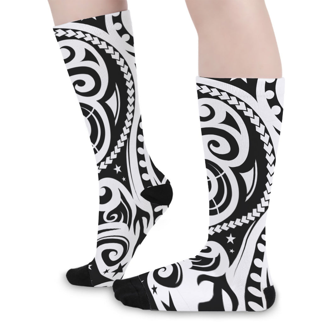 Black And White Polynesian Tattoo Print Long Socks