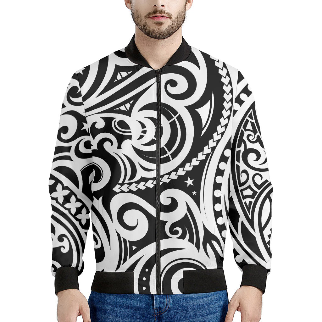 Black And White Polynesian Tattoo Print Men's Bomber Jacket