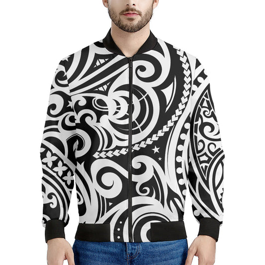 Black And White Polynesian Tattoo Print Men's Bomber Jacket